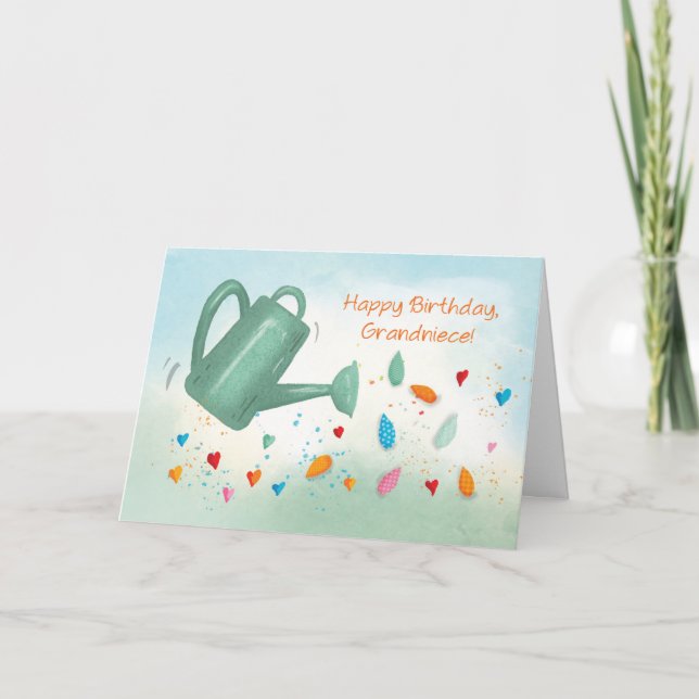 Grandniece Birthday Watering Can Sprinkling Hearts Card (Front)