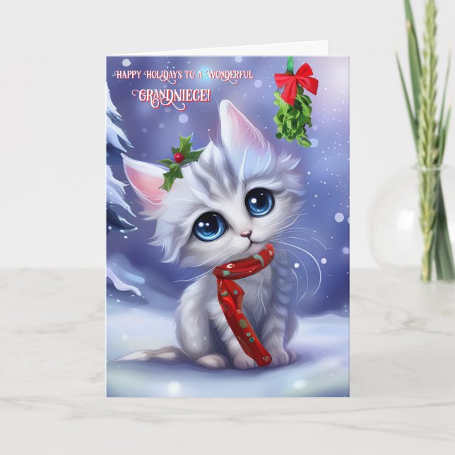 Grandniece Cute Cat and Snow Happy Holidays  Card (Front)