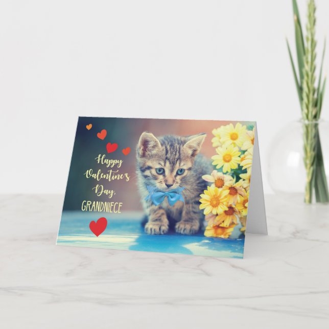 Grandniece Love Valentine Kitten w/ Yellow Daisies Card (Front)