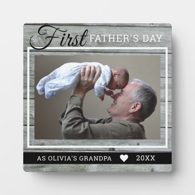 Grandpa 1st Father's Day Picture Rustic Grey Wood Plaque (Front)
