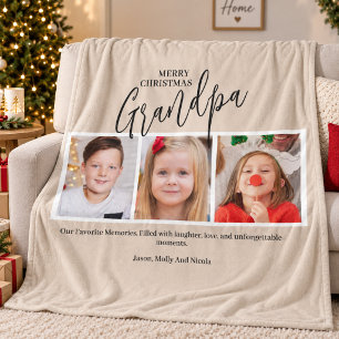 Grandpa 3 Photo Collage Grandad Merry Christmas Fleece Blanket