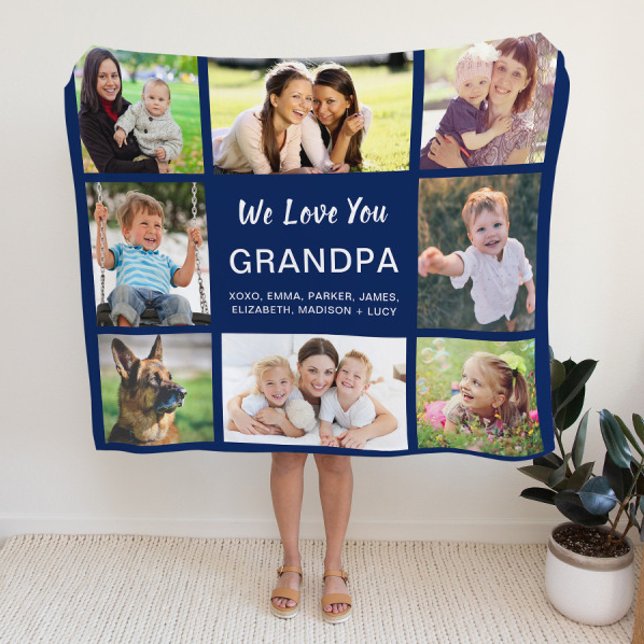 Grandpa 8 Photo Collage Navy Blue Fleece Blanket (Creator Uploaded)