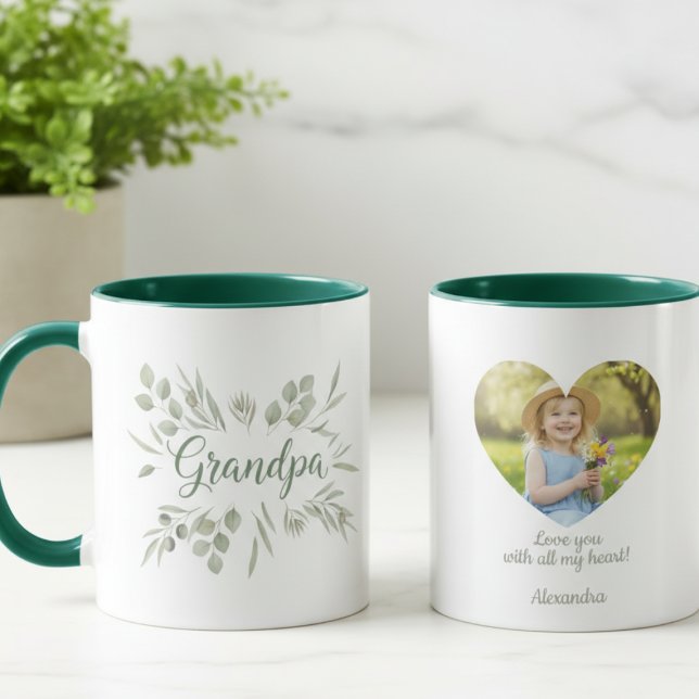 Grandpa Botanical Photo Mug (Personalized heart photo Grandpa coffee mug)