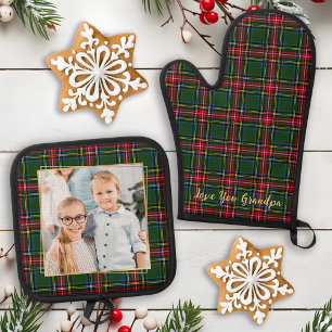 Grandpa Christmas Plaid Custom Gold Family Photo  Oven Mitt & Pot Holder Set