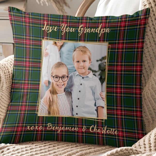 Grandpa Christmas Plaid Personalised Gold Photo  Cushion (Creator Uploaded)
