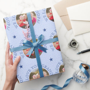 Grandpa custom text and photos blue wrapping paper