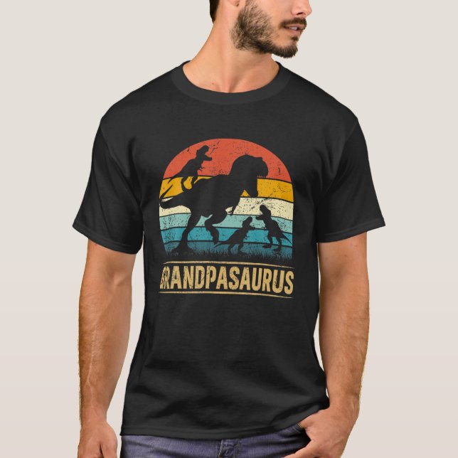 Grandpa Dinosaur T Rex Grandpasaurus 3 Kids Father T-Shirt (Front)