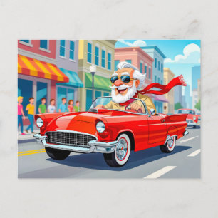 Grandpa driving a convertible car holiday postcard