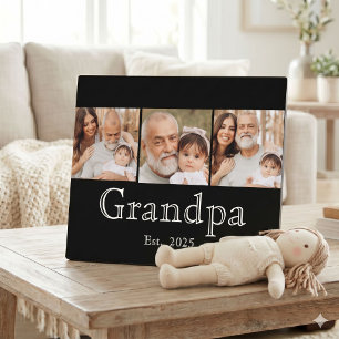 Grandpa Est. Minimal White Bold Text 3 Photo Plaque