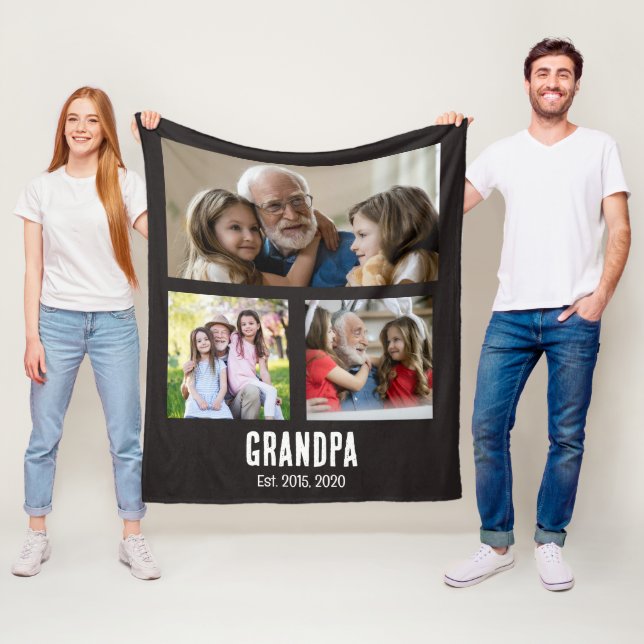 Grandpa established black grunge script 3 photo fleece blanket (In Situ)