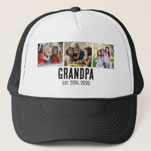 Grandpa established black grunge script 3 photo trucker hat
