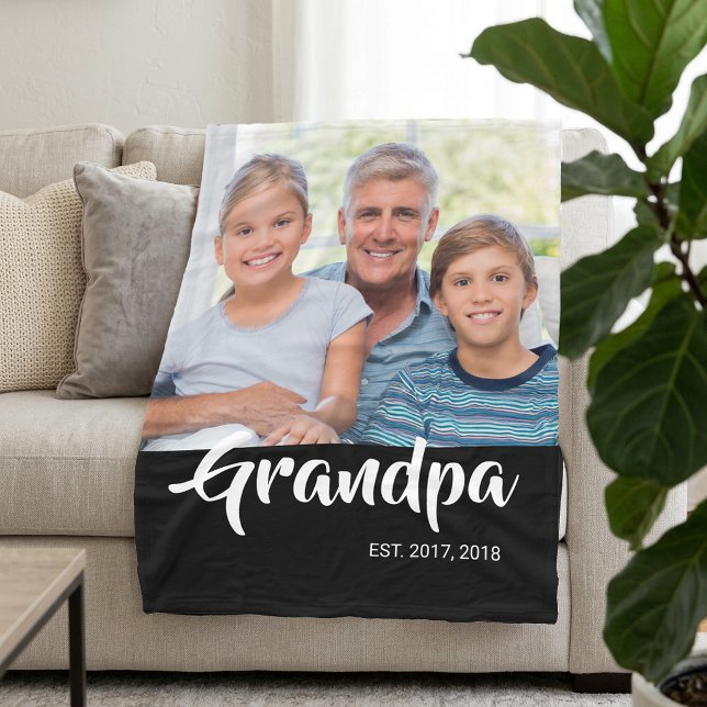 Grandpa Established Black Modern Script Photo Fleece Blanket (Grandpa Established Black Modern Script Photo Fleece Blanket)