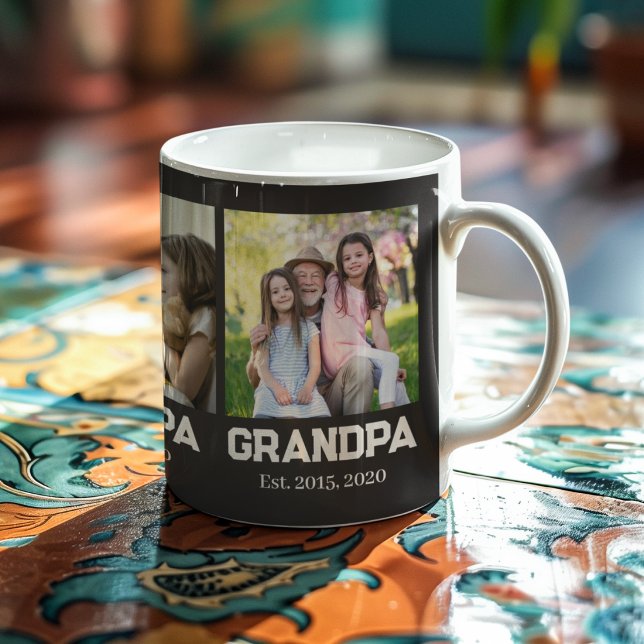 Grandpa established black simple script 3 photo coffee mug (Creator Uploaded)