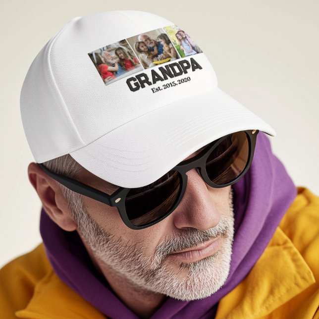 Grandpa established black white script 3 photo trucker hat (Creator Uploaded)