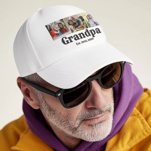 Grandpa established black white script 3 photo trucker hat