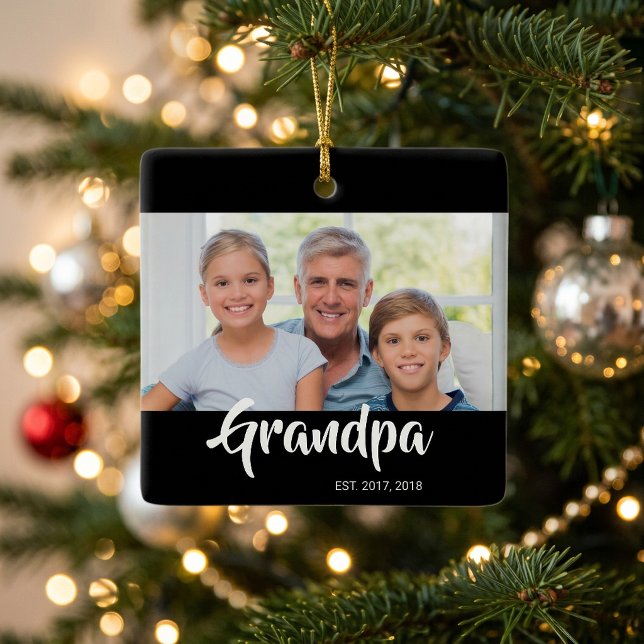 Grandpa Established Black White Script Photo Ceramic Ornament (Grandpa Established Black White Script Photo Ceramic Ornament)