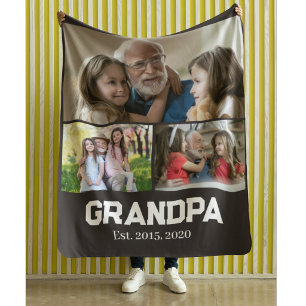 Grandpa established bold white script 3 photo fleece blanket