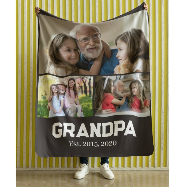 Grandpa established bold white script 3 photo fleece blanket (Creator Uploaded)