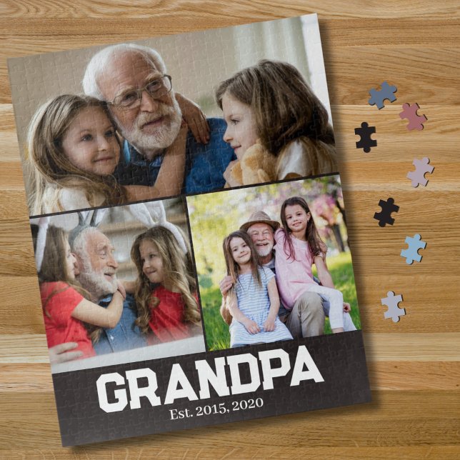 Grandpa established bold white script 3 photo jigsaw puzzle (Creator Uploaded)