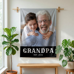 Grandpa Established Decorative Typography Photo Fleece Blanket