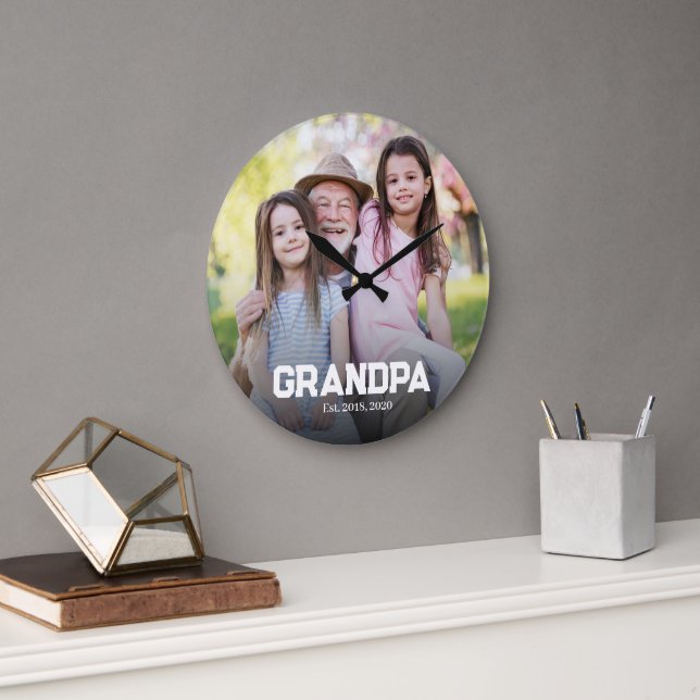 Grandpa Established est. White script photo Large Clock (Office)