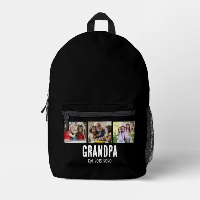 Grandpa Established grunge Script Black 3 Photo Printed Backpack (Front)