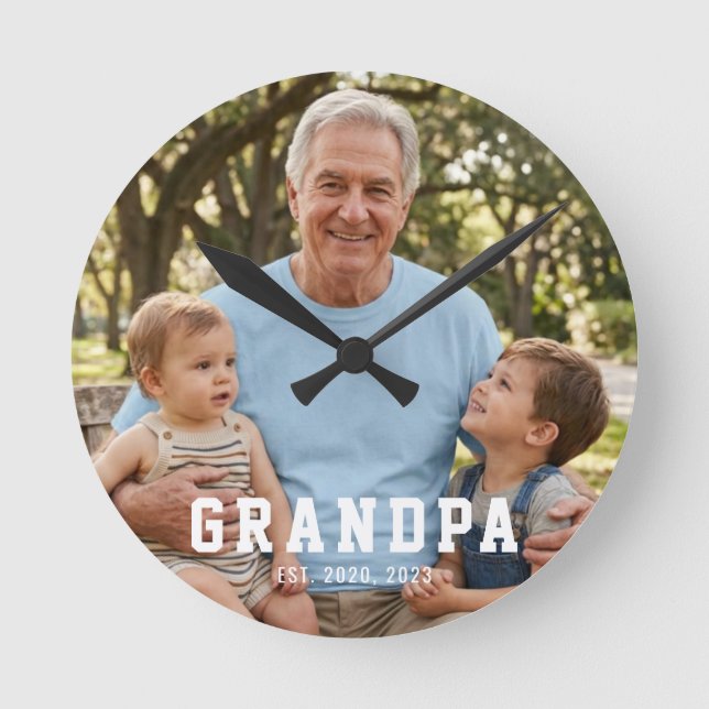 Grandpa Established Modern Bold White Photo Round Clock (Front)