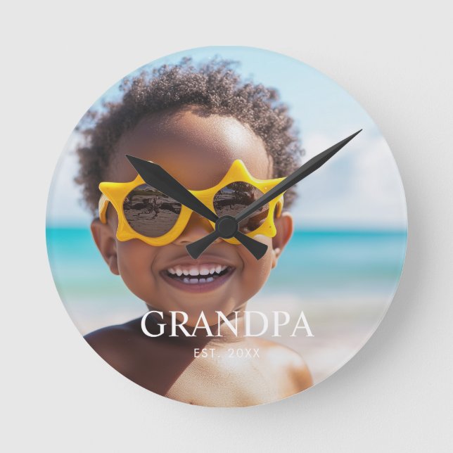 Grandpa Established Modern Minimal Photo Round Clock (Front)