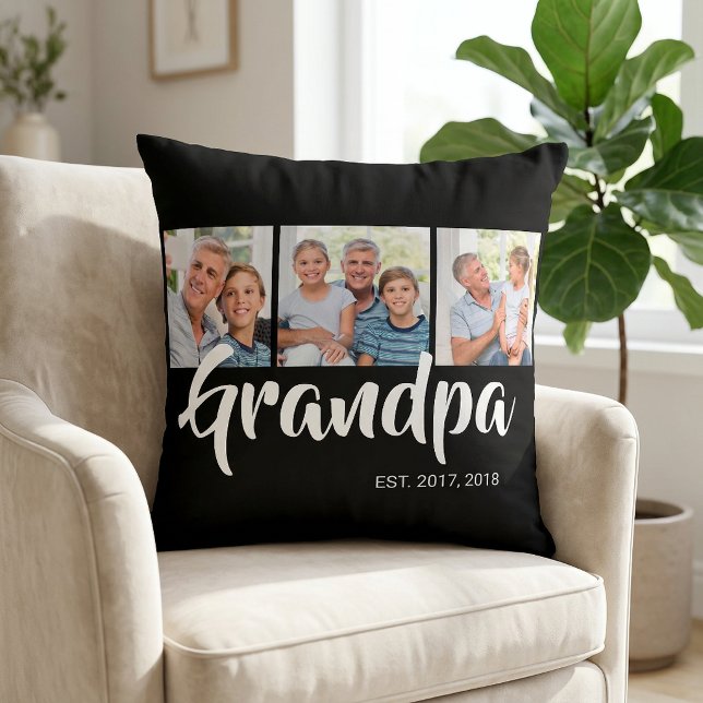 Grandpa Established Modern Script Black 3 Photo Cushion (Grandpa Established Modern Script Black 3 Photo Throw Pillow)