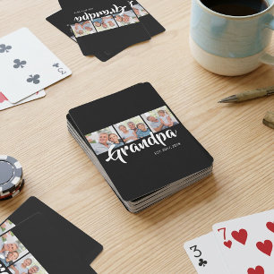 Grandpa Established Modern Script Black 3 Photo Playing Cards