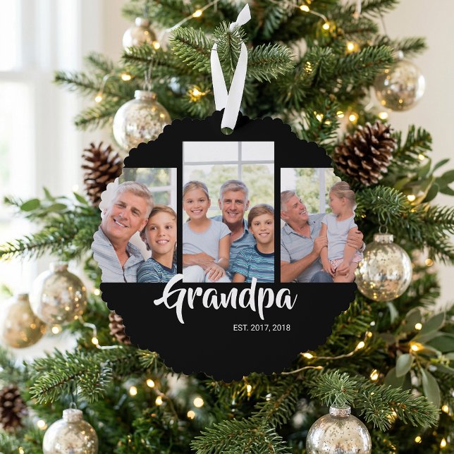 Grandpa Established Modern Script Black 3 Photo Tree Decoration Card (Grandpa Established Modern Script Black 3 Photo Ornament Card)