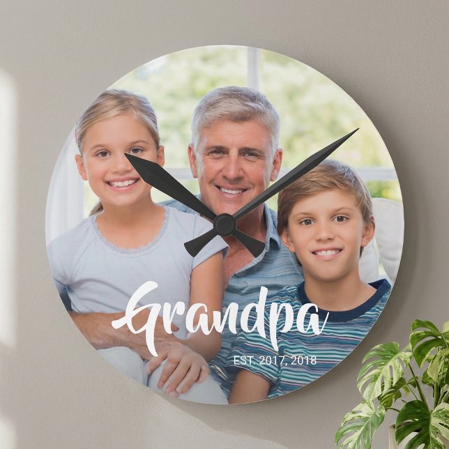 Grandpa Established Modern White Script Photo Round Clock (Grandpa Established Modern White Script Photo Round Clock)