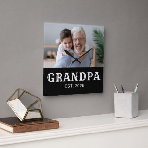 Grandpa Established Modern White Typography Photo Square Wall Clock
