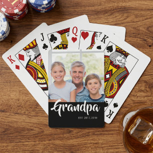 Grandpa Established Script Black Photo Playing Cards
