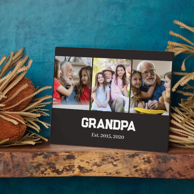 Grandpa established simple white script 3 photo plaque (Side)