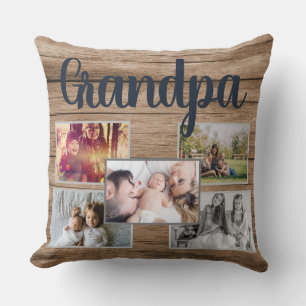 Grandpa Family Photos on Rustic Wood Planks Cushion