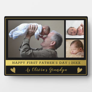 Grandpa First Father's Day 3 Photo Black And Gold Plaque