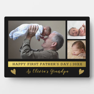 Grandpa First Father's Day 3 Photo Black Gold Plaque