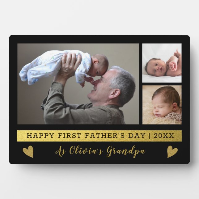 Grandpa First Father's Day 3 Photo Black Gold Plaque (Front)