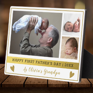 Grandpa First Father's Day 3 Photo Collage Gold Plaque