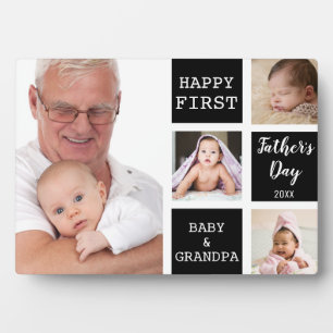 Grandpa First Father's Day 4 Photo Collage Black Plaque