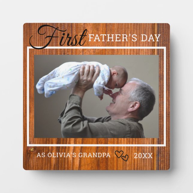 Grandpa First Father's Day Photo Rustic Brown Wood Plaque (Front)