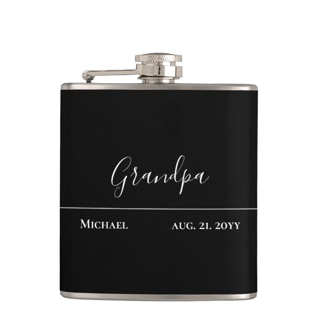 Grandpa Gift- Modern Jet Black Personalised Hip Flask (Front)