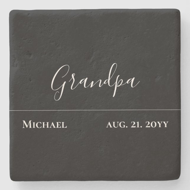 Grandpa Gift- Modern Jet Black Personalised Stone Coaster (Front)