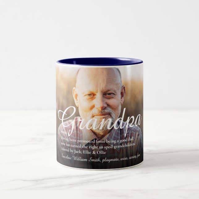 Grandpa Grandad Definition Elegant Script Photo Two-Tone Coffee Mug (Center)