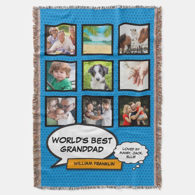 Grandpa Grandad Modern Photo Collage Fun Blue Throw Blanket (Front Vertical)