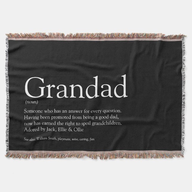 Grandpa, Grandad, Papa Definition Black and White Throw Blanket (Front)