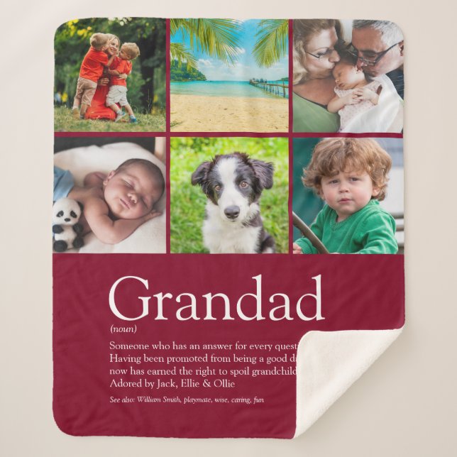 Grandpa Grandad Papa Photo Collage Burgundy Sherpa Blanket (Front)