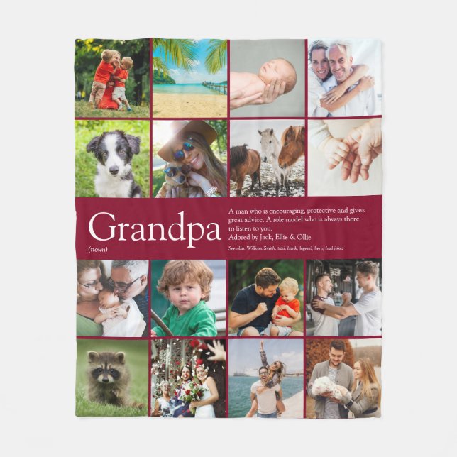 Grandpa Grandad Photo Collage Fun Burgundy Fleece Blanket (Front)
