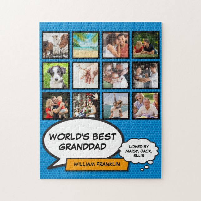 Grandpa, Grandfather, Grandad 12 Photo Blue Fun Jigsaw Puzzle (Vertical)
